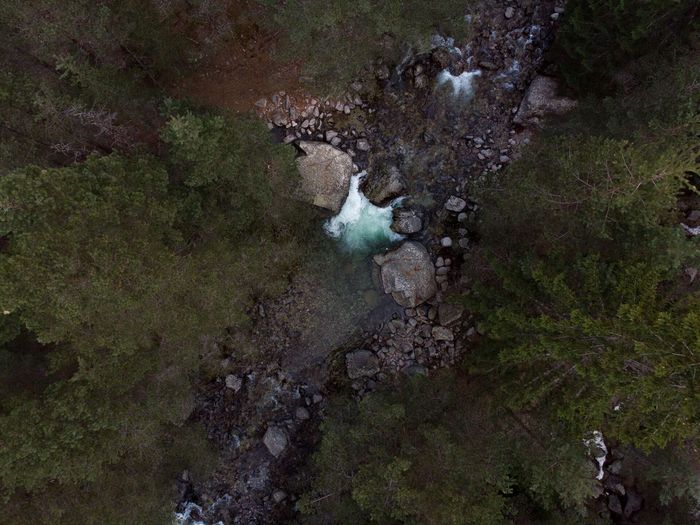 Снимка на река Бели Искър в Рила планина с дрон отгоре в борова гора в зелено и синьо по време на здрач