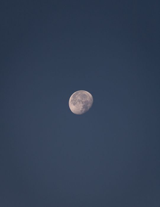 Снимка на почти пълната бяла луна на син фон